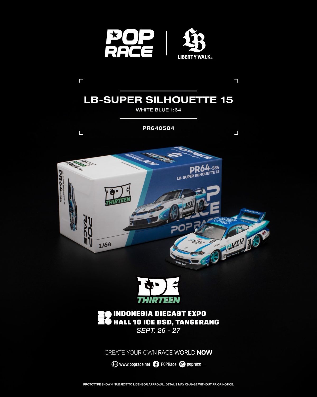 PREORDER] POP RACE LB-Super Silhouette S15 White-Blue (PR64-584) | 2026 Indonesia Diecast Expo (IDE)