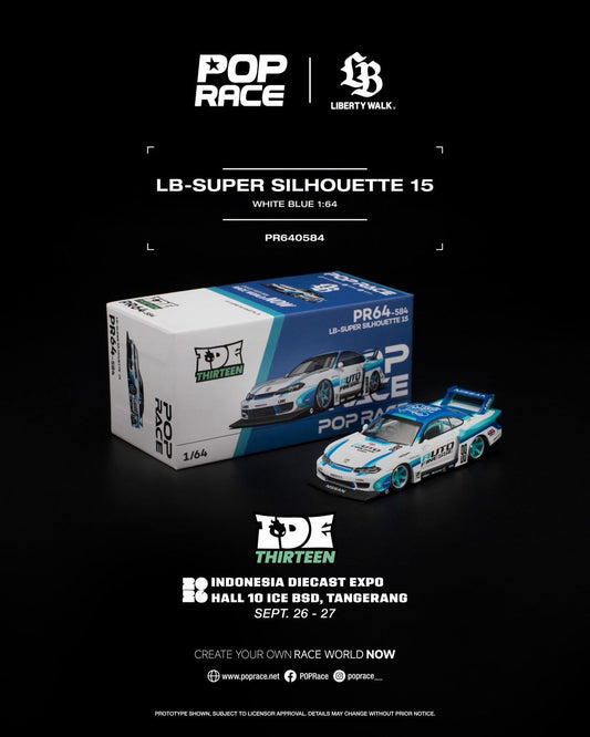 PREORDER] POP RACE LB-Super Silhouette S15 White-Blue (PR64-584) | 2026 Indonesia Diecast Expo (IDE)
