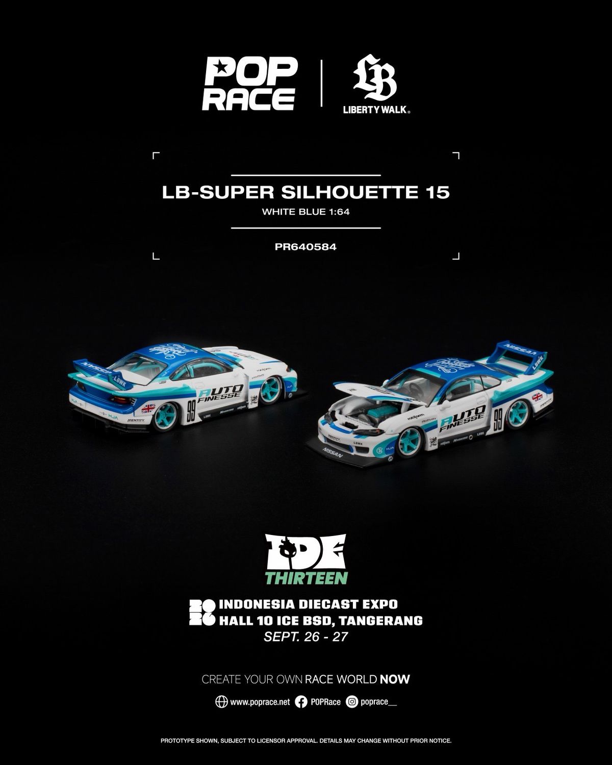 PREORDER] POP RACE LB-Super Silhouette S15 White-Blue (PR64-584) | 2026 Indonesia Diecast Expo (IDE)