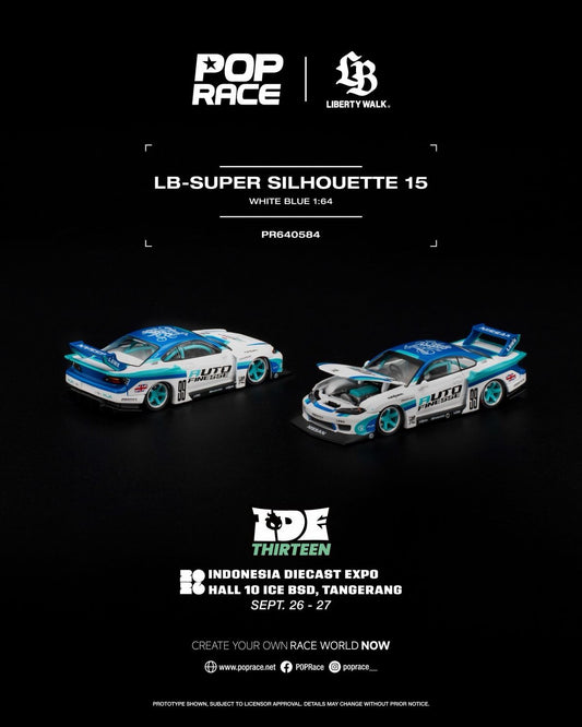 PREORDER] POP RACE LB-Super Silhouette S15 White-Blue (PR64-584) | 2026 Indonesia Diecast Expo (IDE)